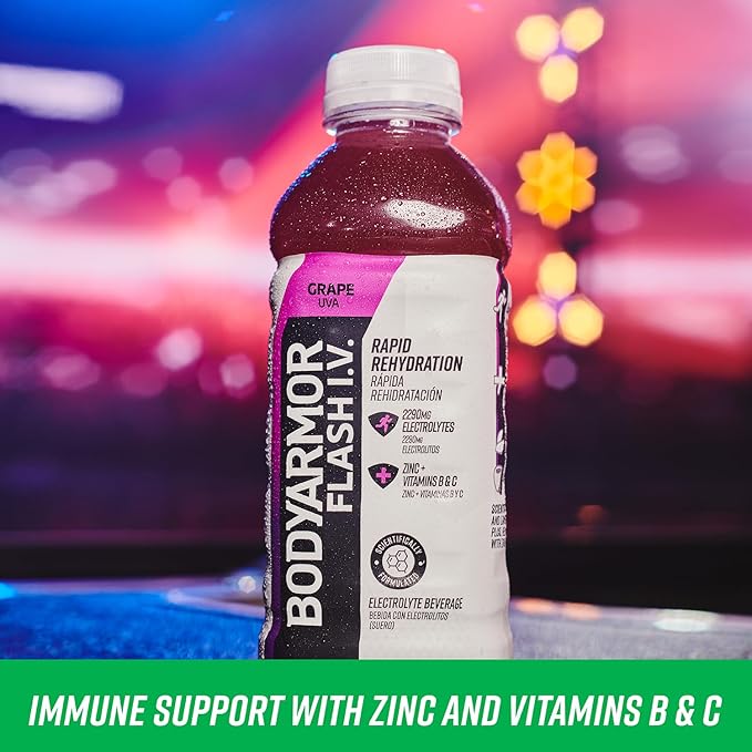 BODYARMOR Flash I.V. Electrolyte Beverage, Grape, Hydration Drink with Coconut Water For Rapid Rehydration, Post Workout Recovery, 20 Fl Oz (Pack of 12)