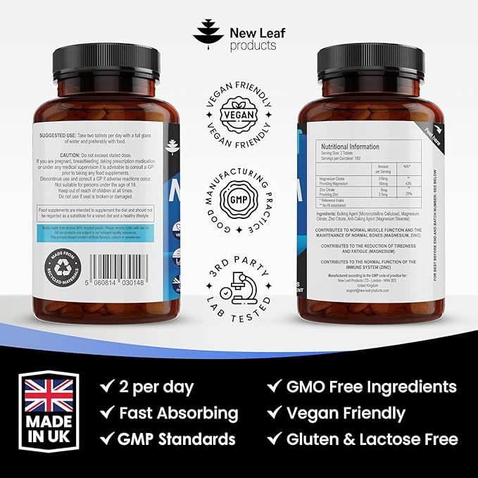 Magnesium Supplement Magnesium and Zinc Supplement (6 Months Supply) High Absorbency Magnesium & Zinc - Muscle Bones & Healthy Immune Function - Vegan, Non-GMO, Gluten-Free - 365 Small Tablets