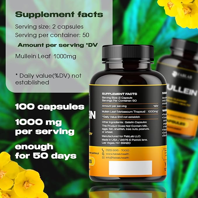 FabLab Mullein Leaf Capsules Supports Healthy Respiratory Function & Immune System Organic Mullein Lung Cleanse Herbal Supplement (100 Capsules)