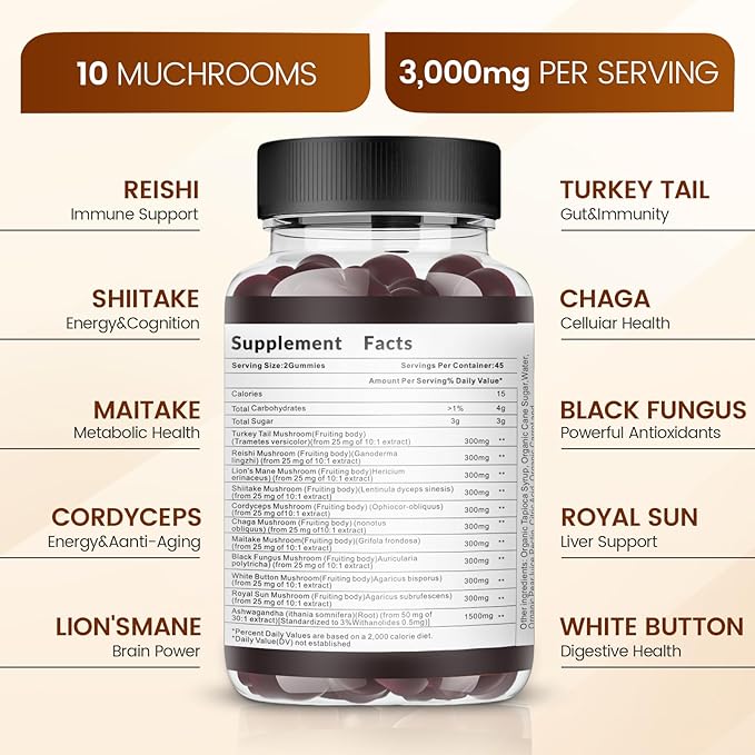 Mushroom Gummies - 10x Mushroom Supplement with Ashwagandha and Lions Mane - Nootropic Brain Supplement, Immune Support & Stress Relief (90 CT) Classic Coke