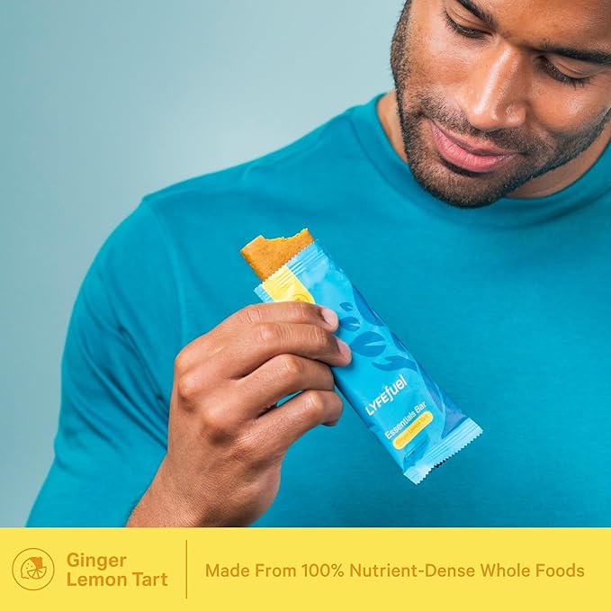 Essential Nutrition Bars by LyfeFuel | Vegan Protein Bar & Low Carb Meal Replacement for Intermittent Fasting and Hunger Control | 12g Plant-Based Protein, High Fiber, MCT Oil and 21 Organic Vitamins | No Sugar Alcohols (Lemon Ginger Tart)