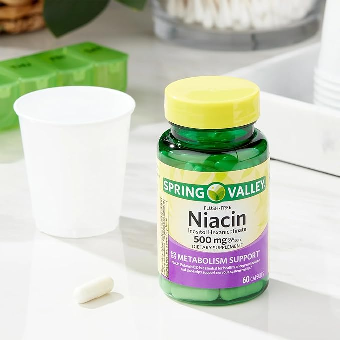 Spring Valley Vitamin B3 Niacin 500mg Flush Free Capsules, Dietary Supplement 60 Pills (Pack of 1)