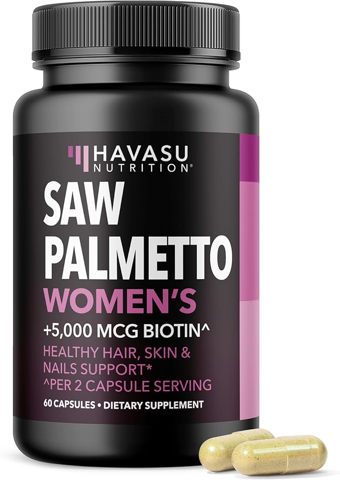 Saw Palmetto for Women with Biotin 5000mcg - Powerful DHT Blocker to Support Hair, Skin, and Nail Health - 60 Count - Vegan, Non-GMO Vitamin for Stronger, Fuller Looking Locks - 1 Month Supply
