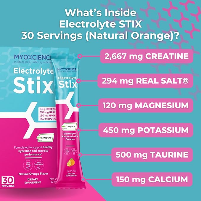 MYOXCIENCE Electrolyte STIX | Creatine Electrolyte Powder | Recovery from Exercise & Muscle Development w/Real Salt (Natural Orange Flavor) (Stix 30 ct)