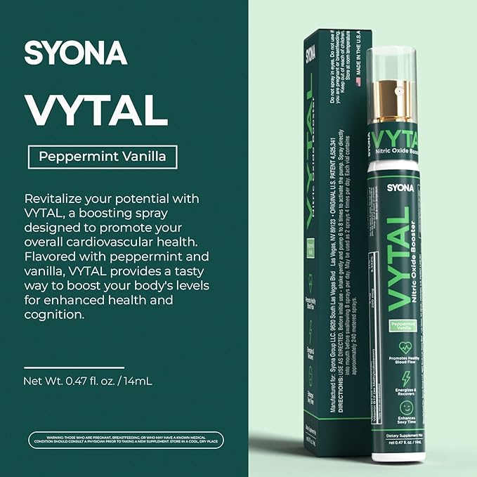 SYONA - VYTAL - Nitric Oxide Boosting Spray - Cardiovascular and Cognitive - Peppermint and Vanilla Flavor - B12, B3, L-Arginine - 14ml Pump Bottle