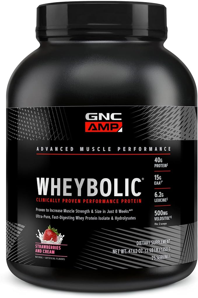 GNC AMP Wheybolic Clinically Proven Protein Powder, 40g Whey Protein, BCAA, Leucine, Increases Muscle Strength, Muscle Building, 3rd Party Tested, Gluten Free, Strawberries and Cream, 25 Servings