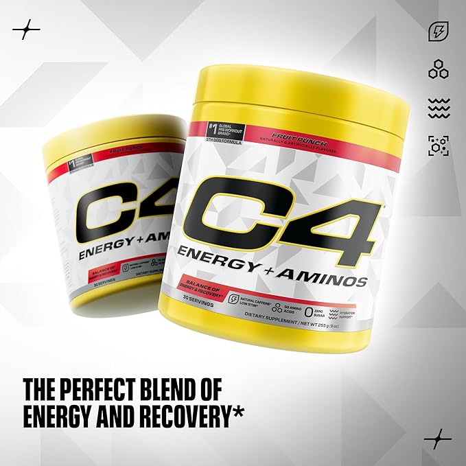Cellucor C4 Energy + Aminos Powder | 5g BCAAs & EAAs for Muscle Recovery, 3 Electrolytes for Hydration, 100mg Natural Caffeine | Pre Workout | Zero Sugar, 30 Servings, Fruit Punch