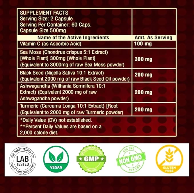 Premium lrish Sea Moss Extract Capsule with Ashwagandha Turmeric Black Seed & Vitamin C 60 - Capsule for 1 Month