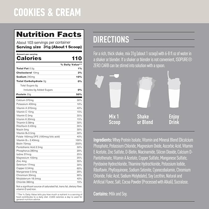 Isopure Zero Carb 100% Pure Whey Isolate Protein Powder, Lactose Free, Gluten Free, With Vitamins, Cookies & Cream, 25g Protein Per Serving, 7.5 Lbs, 110 Servings