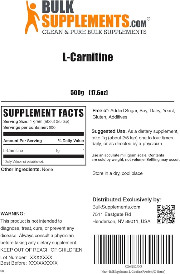 BulkSupplements.com L-Carnitine Powder - Carnitine Supplement, Amino Acid Supplement - Unflavored & Gluten Free, 1g per Serving, 500g (1.1 lbs) (Pack of 1)