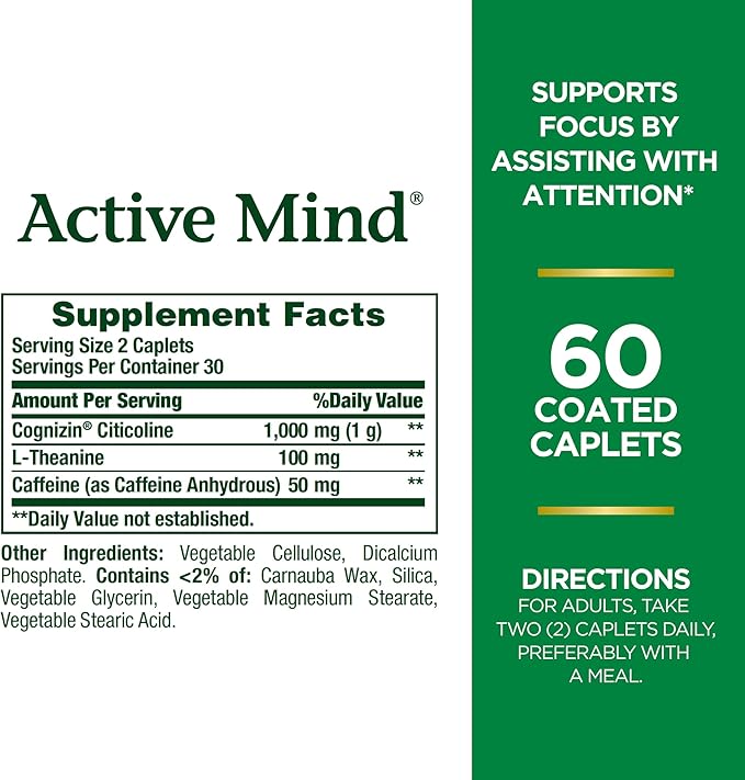Nature's Bounty Active Mind Dietary Supplement, Supports Focus and Attention, 1000 mg Cognizin with L-Theanine and Caffeine Pills, 60 Caplets