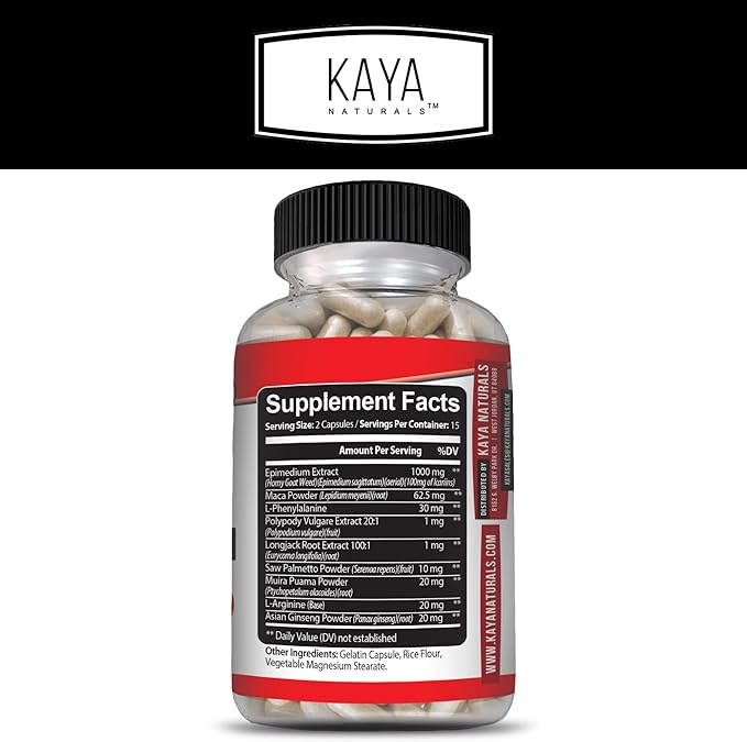 Kaya Naturals Horny Goat Weed Extract with Maca - Complex with Saw Palmetto Ginseng, Arginine Vitamin Supplement - Horny Goat Weed - 60 Count