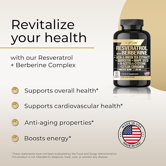 Resveratrol Supplement - 6000mg Max Strength with Berberine 3000mg Ceylon Cinnamon 1000mg Quercetin 2000mg, n Acetyl cysteine, Green Tea Extract, Acai - 14-in-1 Complex, 100% Natural