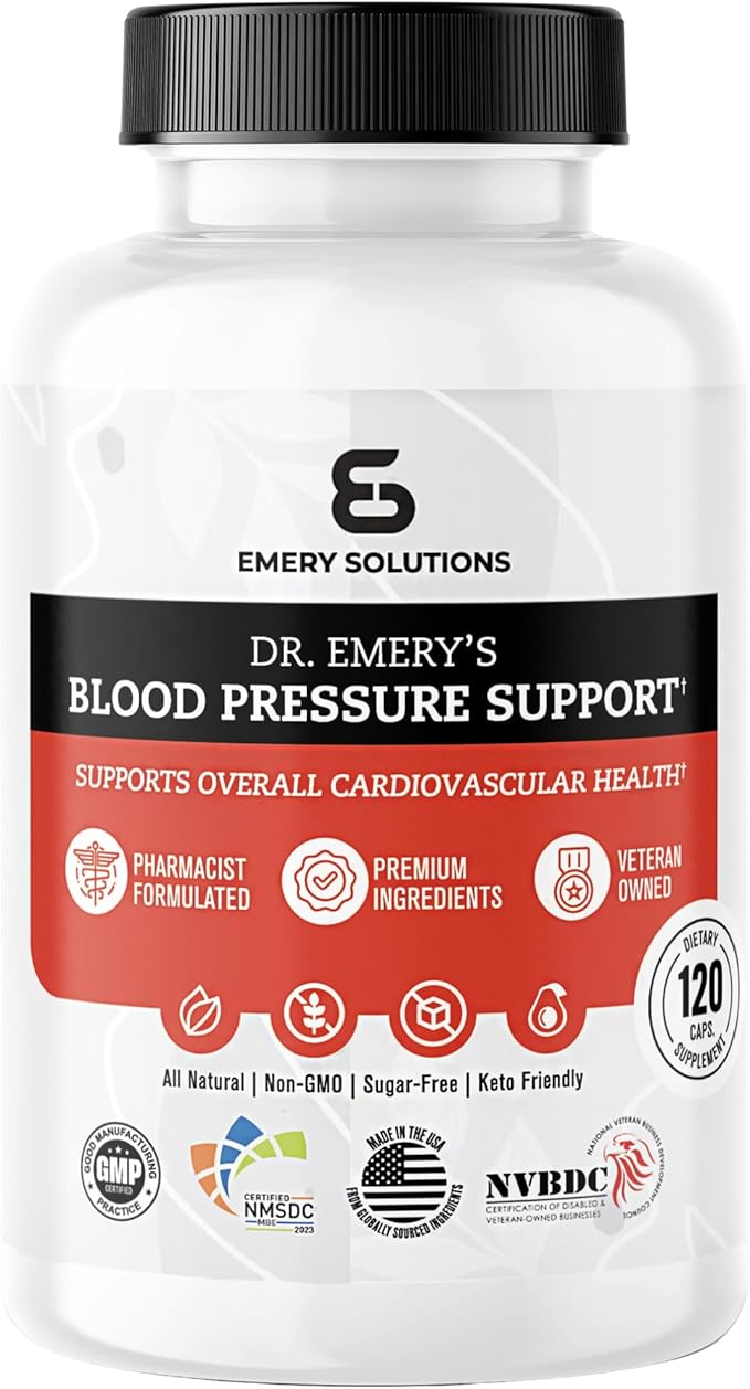 Dr Emery's Blood Pressure Support Supplement with Magnesium, Zinc, Vitamin D3, & Potassium, Vegan-Approved, Sugar-Free, Formulated by Clinical Pharmacist, 120 Capsules, 30 Day Supply