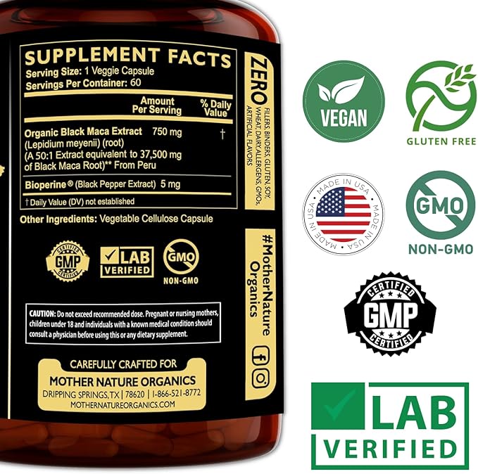 Mother Nature 37,500mg 50x Strength Organic High-Potency Peruvian Black Maca Root Capsules for Men 100% Pure Maca Peruana 50:1 Extract to Boost Stamina, Enegy, Muscle Gain - 60ct