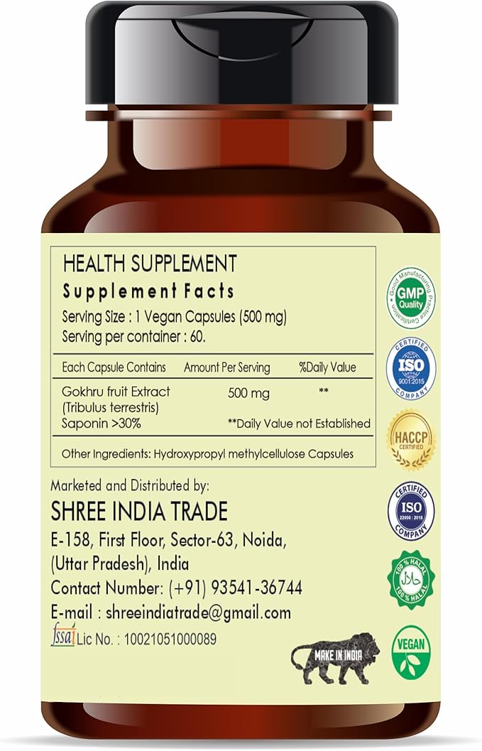 Gokhru Extract 500mg - 60 Vegetarian Capsules|Tribulus Terrestris| All Natural | 100% Vegan | Gluten-Free | GMP Certified