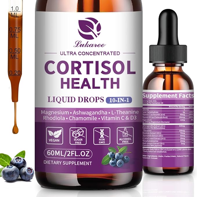 Cortisol Supplements for Women & Men, 10 in 1 Cortisol Detox Manager Reducer with Magnesium, Ashwagandha, L-theanine, Hormone Balance Liquid Drops - Mood, Focus, Sleep - 2 FL.OZ, Blueberry Flavor