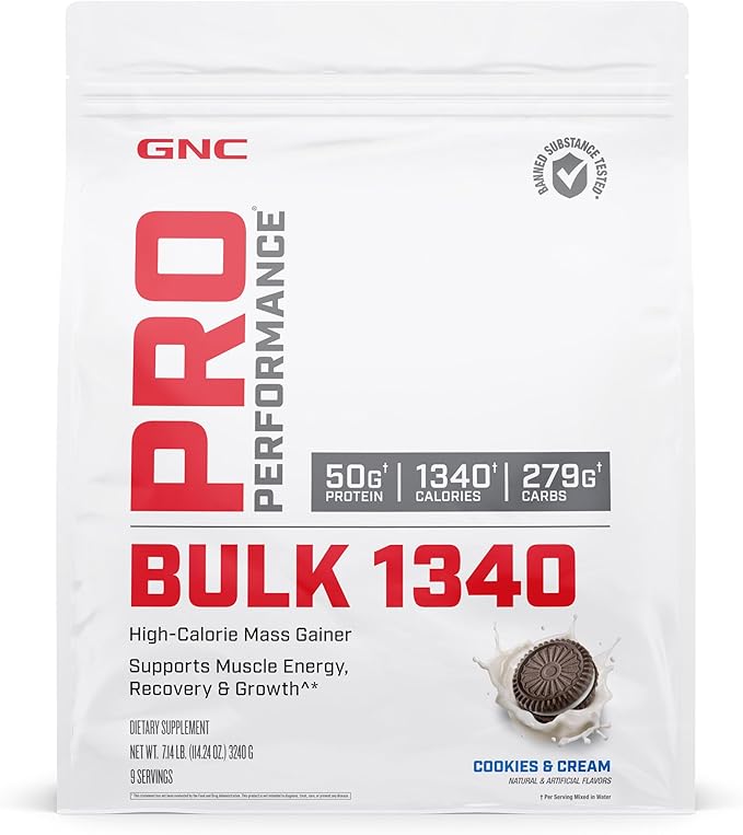 GNC Pro Performance Bulk 1340 Mass Gainer Protein Powder, 50g, Gluten Free, Whey, Creatine, BCAA, 3rd Party Tested, Muscle Recovery & Growth, Micronutrients, Cookies and Cream, 9 Servings