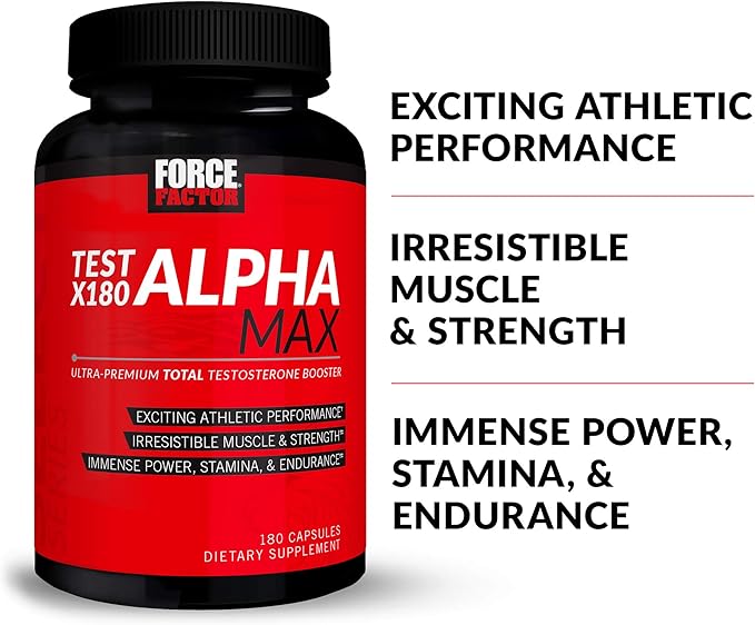 FORCE FACTOR Test X180 Alpha Max Total Testosterone and Nitric Oxide Booster for Men with Fenugreek Seed and Tribulus to Increase Blood Flow and Improve Male Athletic Performance, 180 Capsules