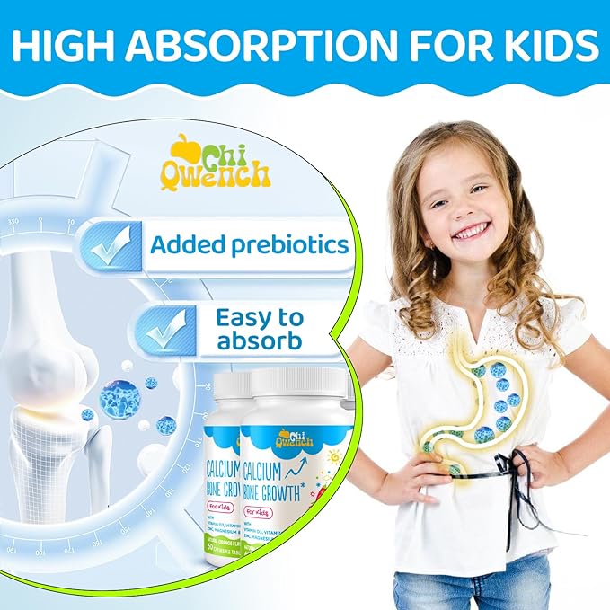 500 MG Calcium Supplement with Vitamin D3 & K2, Zinc, Magnesium & Prebiotics. Kids Vitamins for Kids' Height. Bone Strength, High Absorption, Orange Chewables, Gluten Free, 120 Tabs