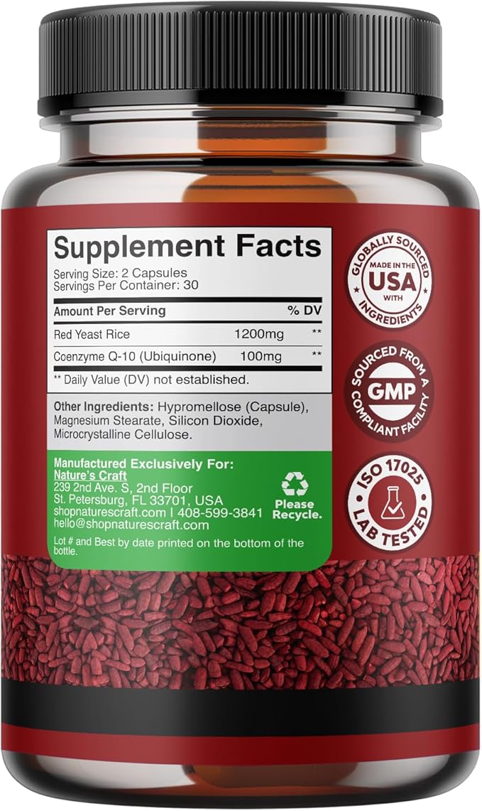 Red Yeast Rice with CoQ10 Supplement - Extra Strength Red Yeast Rice 1200 mg. Capsules with CoQ10 100mg Per Serving - Heart Health Supplement 3rd Party Tested Vegan Non-GMO & Citrinin-Free (1 Month)