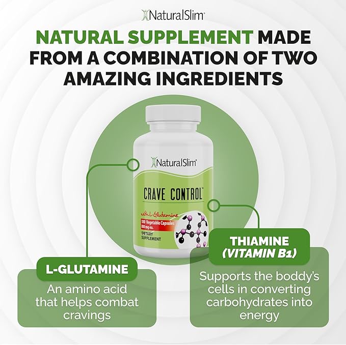 NaturalSlim Natural Appetite Suppressant - Craving Blocker Sugar & Refined Carbs Crave Control - Energy & Metabolism Booster with L Glutamine & Thiamine B1 Supplement - 180 Vegetable Capsules