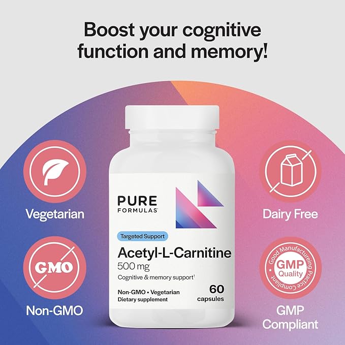 PureFormulas Acetyl L-Carnitine Cognitive & Memory Support L Carnitine Supplement for Brain, Focus, & Calmness Alcar, 500mg Dairy Free Non-GMO 60 Capsules
