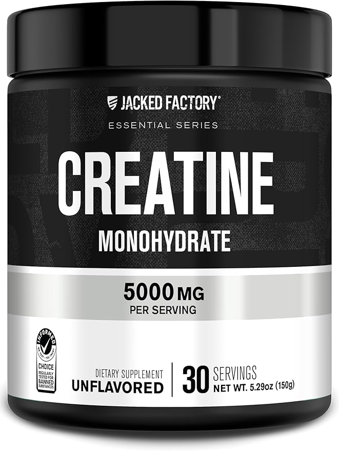 Jacked Factory Creatine Monohydrate Powder 150g - Creatine Supplement for Muscle Growth, Increased Strength, Enhanced Energy Output and Improved Athletic Performance 30 Servings, Unflavored