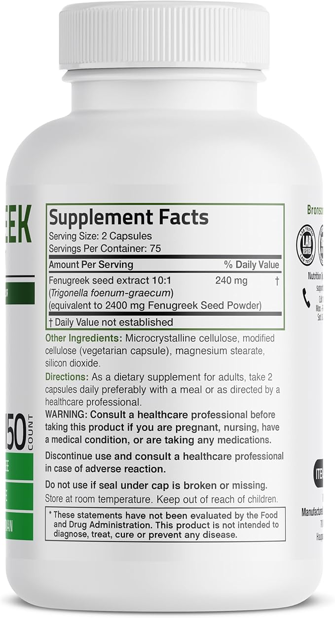 Bronson Fenugreek Seed Powder Capsules Extra Strength, Trigonella Foenum-Graecum, Non-GMO, Soy-Free, Vegetarian, 150 Capsules