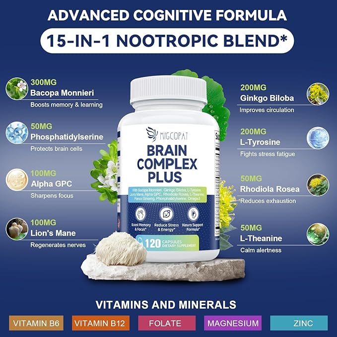 Brain Supplements for Memory & Focus - Nootropic with Bacopa Monnieri, Lion's Mane, Alpha GPC, Phosphatidylserine | Supports Mental Clarity & Cognitive Function | Vitamin B6 & B12-120 Capsules