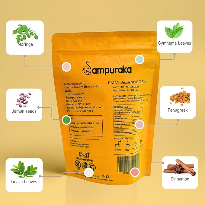 Daily Balance Tea - Natural Herbal Tea with Moringa, Gymnema, Jamun seeds, Cassia, Fenugreek, Guava leaves, Cinnamon - 30 Pyramid bags (2)