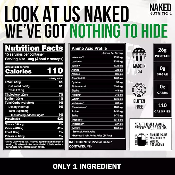 NAKED Casein - 1Lb Micellar Casein Protein - Bulk, GMO-Free, Gluten Free, Soy Free, Preservative Free - Stimulate Muscle Growth - Enhance Recovery - 15 Servings