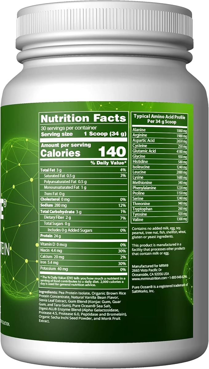MRM Nutrition Veggie Elite Performance Protein | Vanilla Bean Flavored| Plant-Based Protein| Easy to Digest | with BCAAs| Vegan + Gluten-Free | Clinically Tested| Digestive enzymes | 30 Servings