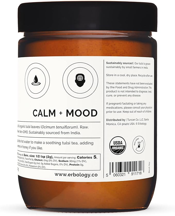 Erbology 100% Organic Tulsi Powder 6.4 oz - Holy Basil - Calm and Mood - Straight from Farm - Raw, Vegan and Gluten-Free - Non-GMO - No Additives or Preservatives - Recyclable Glass Jar