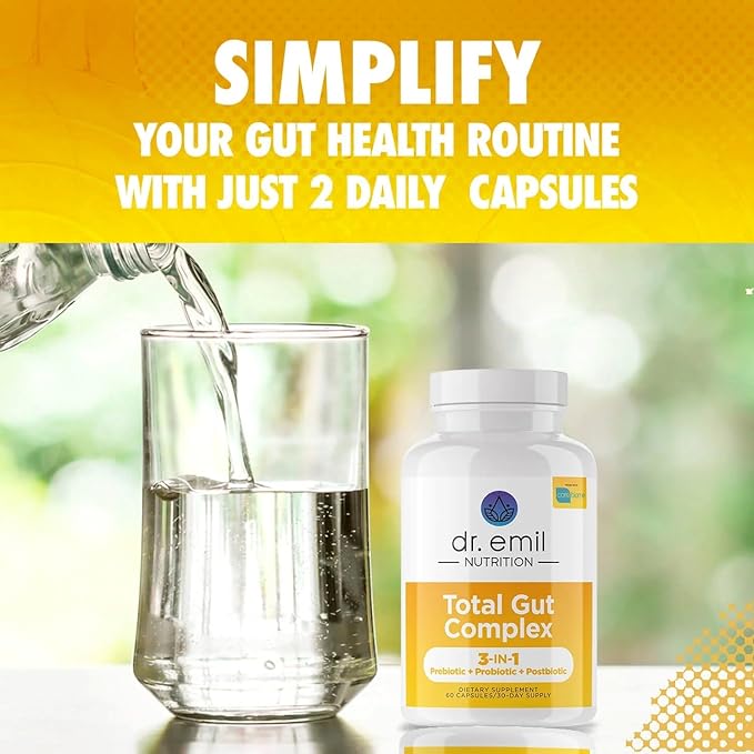 DR. EMIL NUTRITION Total Gut Health Complex - Prebiotic + Probiotic + Postbiotic Gut Health Supplements for Women and Men - Probiotics for Digestive Health & Gut Health, 120 Capsules