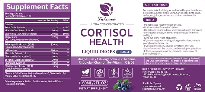 Cortisol Supplements for Women & Men, 10 in 1 Cortisol Detox Manager Reducer with Magnesium, Ashwagandha, L-theanine, Hormone Balance Liquid Drops - Mood, Focus, Sleep - 2 FL.OZ, Blueberry Flavor