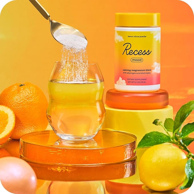 Recess Mood Powder, Calming Magnesium L-Threonate Blend with Passion Flower, L-Theanine, Electrolytes, Magnesium Calm Support Powder Supplement - Lemon Citrus 28 Serving Tub