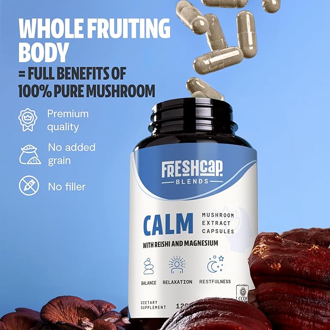 FreshCap Calm Gummies for Adults - Calm w/Reishi, Ashwagandha, St. John’s Wort, Lemon Balm, Magnesium - Balance, Relaxation & Emotional Stability -Ayurveda Daily Mushroom Supplement, Vegan - 60 Count