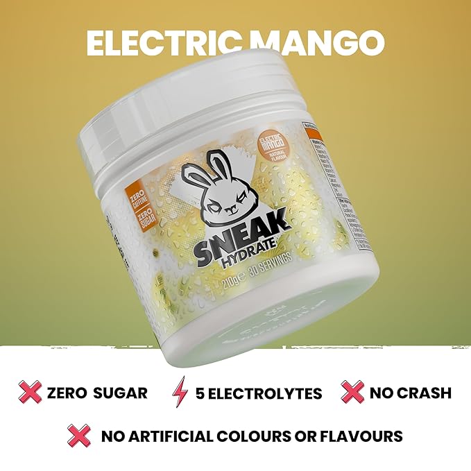 SNEAK | Electric Mango Hydrate | Zero Caffeine, Zero Sugar, Natural Flavours & Colours, Ashwagandha KSM-66, Coconut Water | 30 Servings