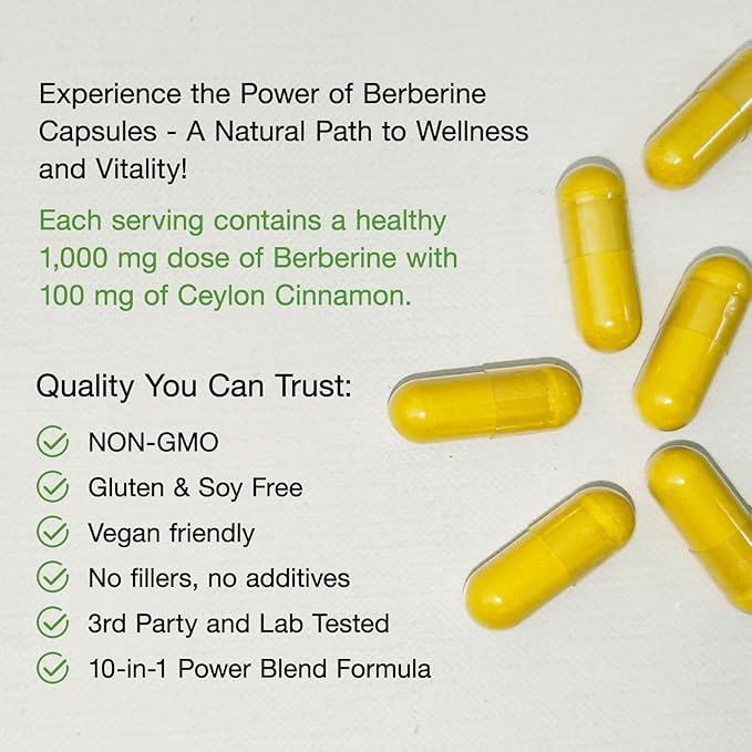 Berberine Supplement with Ceylon Cinnamon & Chromium Picolinate, 10-in-1 Berberine 1000mg Per Serving, Berberine 5X for Metabolism, Heart and Immune Support (90 Capsules)