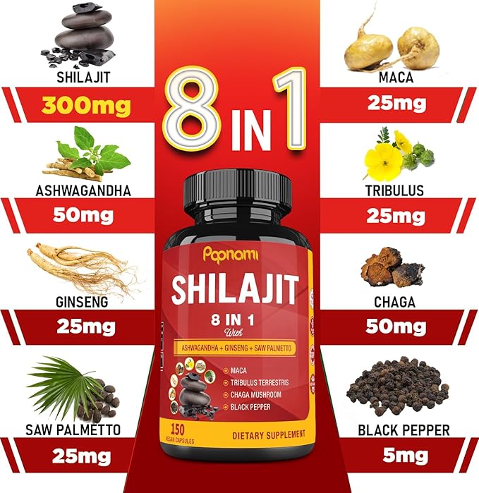 Shilajit Himalayan Supplement for Men & Women - 150 Capsules Combined Ashwagandha, Ginseng, Saw Palmetto, Maca, Tribulus, Chaga & Black Pepper - Vitality Energy and Immune Supports