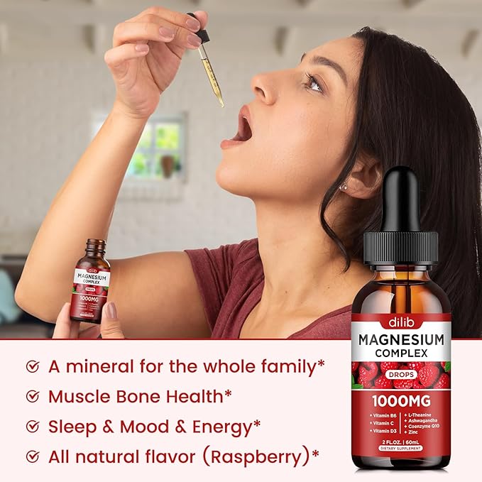 Triple Magnesium Complex Supplement, Magnesium Glycinate, Citrate Liquid Drops 1000mg with Ashwagandha, CoQ10, Vitamin B6, C, D, Zinc - Vegan Raspberry Flavor