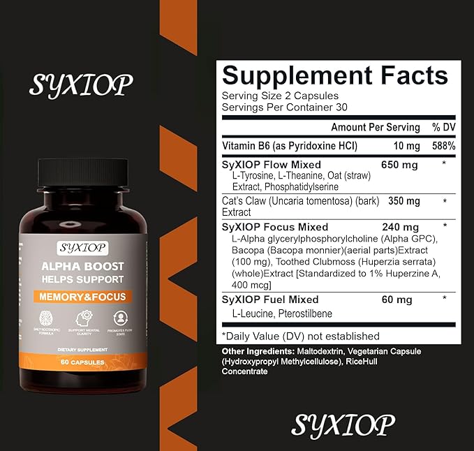 Alpha Boost Swallowable 60 Small Capsules Vitamin B6 L-Tyrosine L-Theanine Phosphatidylserine L-Alpha glycerylphosphorylcholine L-Leucine Enhance Brain Enhance Concentration Enhance Memory