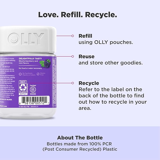 OLLY Sleep Gummy, 3 mg Melatonin, L-Theanine, Chamomile, Lemon Balm, Sleep Aid, Blackberry, 50 Count (Packaging May Vary)