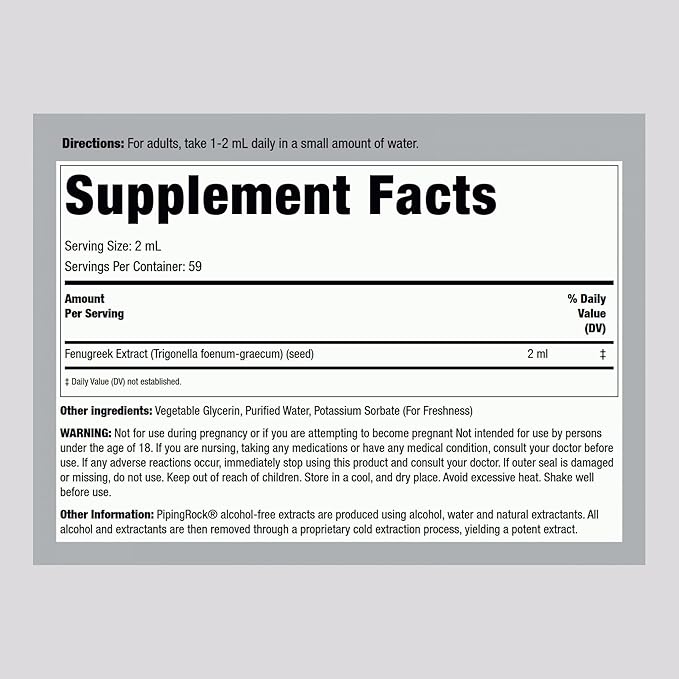 Piping Rock Fenugreek Liquid Extract | 4 Fl Oz | Vegetarian, Alcohol Free Supplement | Non-GMO, Gluten Free Tincture Drops
