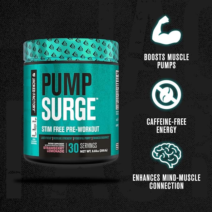 Jacked Factory Pumpsurge Caffeine Free Pre Workout for Men & Women - Nootropic Booster & Stim Free Pre Workout - Intense Pumps, Enhanced Focus - 30 Servings, Cherry Limeade