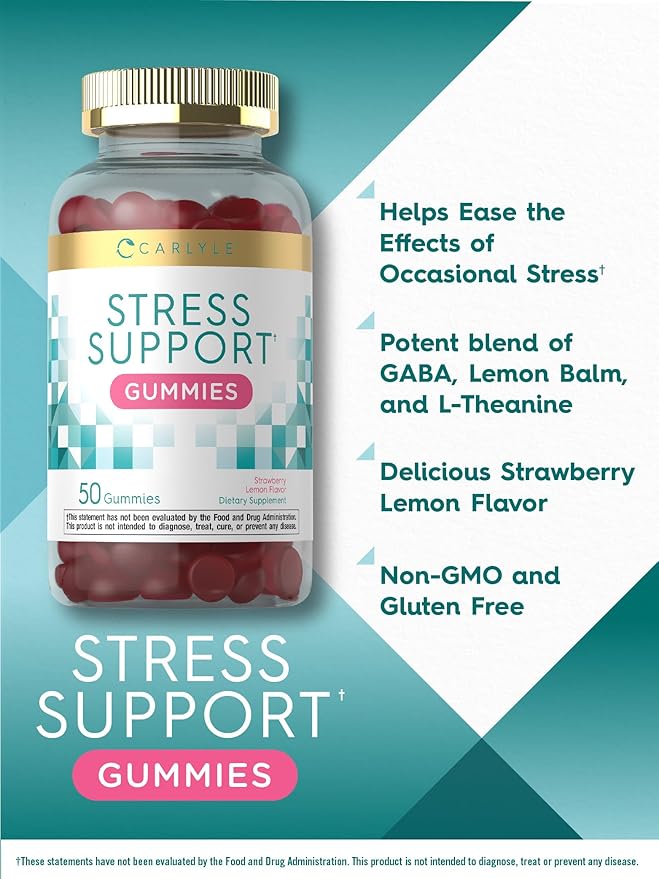Carlyle Stress Support Gummies | 50 Count | with GABA and L-Theanine | Strawberry Lemon Flavor | Non-GMO, Gluten Free Supplement