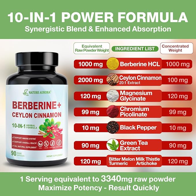 Berberine Supplement with Ceylon Cinnamon & Chromium Picolinate, 10-in-1 Berberine 1000mg Per Serving, Berberine 5X for Metabolism, Heart and Immune Support (90 Capsules)