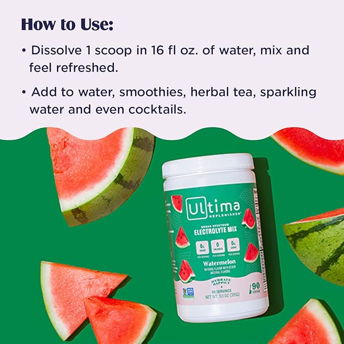 Ultima Replenisher Daily Electrolyte Powder Drink Mix – Sugar Free – Watermelon, 90 Servings – Hydration Powder with 6 Key Electrolytes and Trace Minerals – Keto Friendly, Vegan, Non-GMO