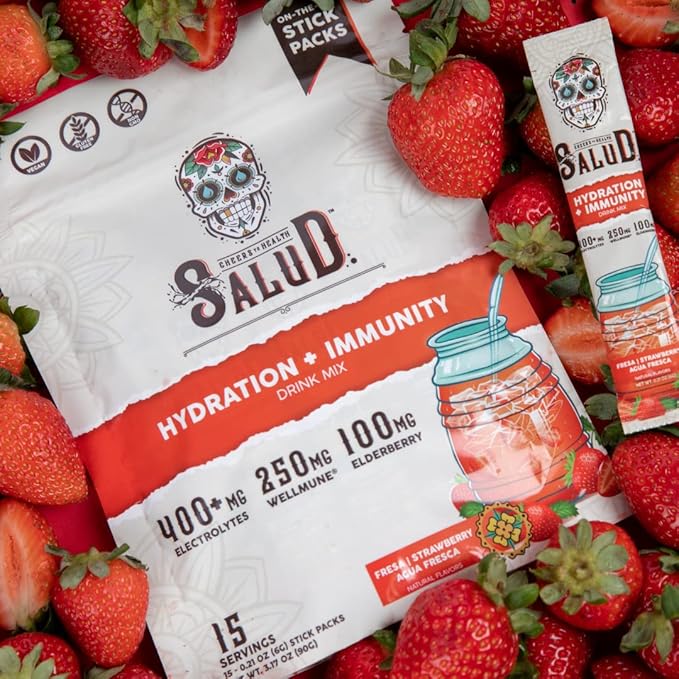 Salud 2-in-1 Hydration Packets + Immunity Electrolytes Powder, Strawberry - Fresca Agua Fresca Drink Mix, Elderberry, Dairy & Soy Free, Non-GMO, Gluten Free, Vegan, Low Calorie, 1g Sugar (15 Servings)